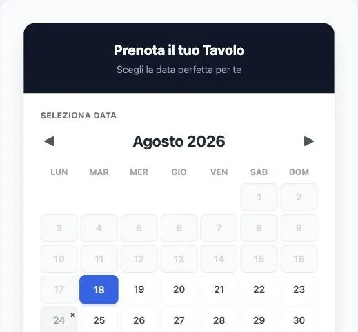 Il modulo di prenotazione di Tavolix: calendario con i giorni disponibili